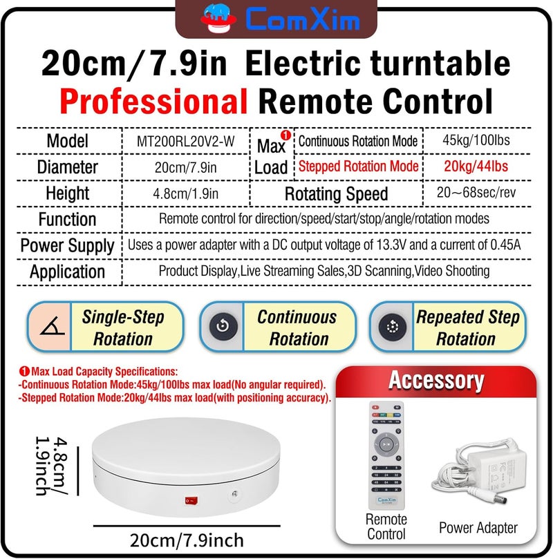 ComXim 7.9In Remote Motorized Electric Turntable Rotating Display Stand Spinning Rotating Platform 360 Photography Turntable lazy susan base giratoria para for Photography,Display(Load Range:40~100lbs) - Image 2